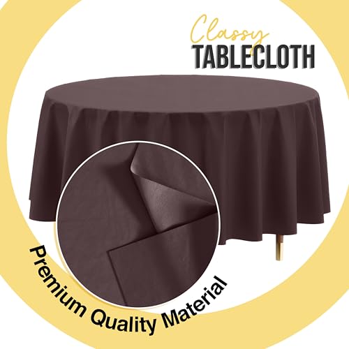 Image of Exquisite 66% Thicker Premium Brown Round Tablecloth 0.5 Mil 24 Pack Plastic Table Cloth Disposable 84 Inch Round Plastic Tablecloth Won't Tear Easily Like Cheap Thin Brands