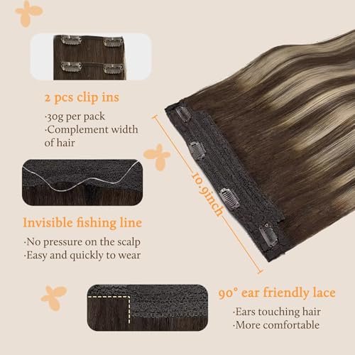 Image of DOORES Wire Hair Extensions, Balayage Chocolate Brown to Honey Blonde 22 Inch 120g Fish Line Weft Extensions and 2pcs 30g Clip ins, 100g Invisible Wire Real Human Weft Seamless Hairpiece