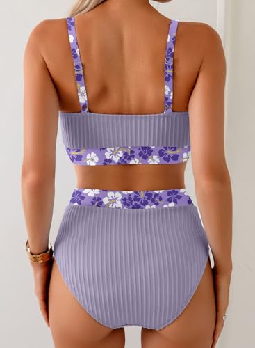 Image of Herseas Women's Textured Bikini Sets Floral Print Trim Scoop Neck Swimsuits High Waisted Bathing Suits