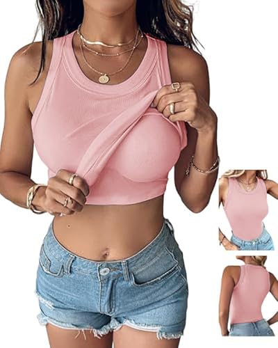 Image of CHICME Women Built-in Bra Tank Tops Sleeveless Casual Shirts Racerback Ribbed Fitted Tank Tops