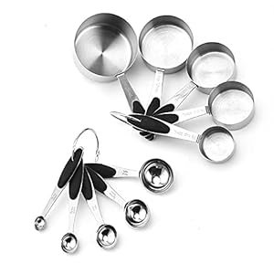 LiRiQi Maatbeker en lepel roestvrij staal 10 set – 5 maatbekers 5 maatlepels 2 ronde ringen bakken meetgereedschap voor droge en vloeibare ingrediënten, met siliconen handvat voor keuken koken bakken bakken zwart