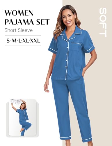 Image of COLORFULLEAF Women's 100% Cotton Pajamas Set Button Down Sleepwear Short Sleeve Shirt and Long Pants Soft Ladies Lounge Sets