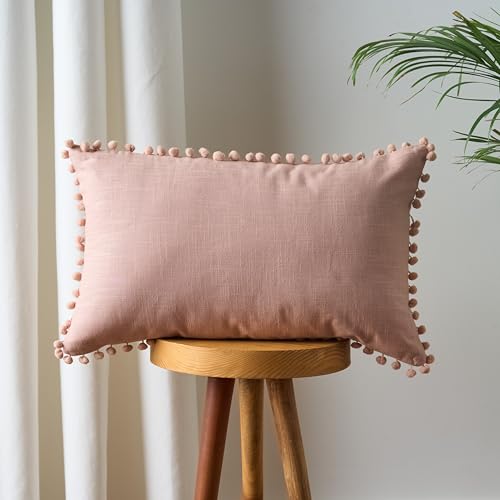 Image of 100% Cotton Pom Pom Cushion Without Filler, Elegant & Modern Cushion Cover for Living Room, Rectangle, 12 inchx20 inch, uni slub, Set of 3 - Cloud Rose