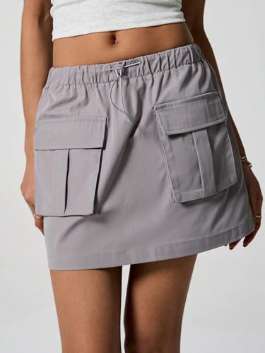 Solid Color Pocket Drawstring Waist Cargo Skirt 2025 Fashion Skirts for Women4