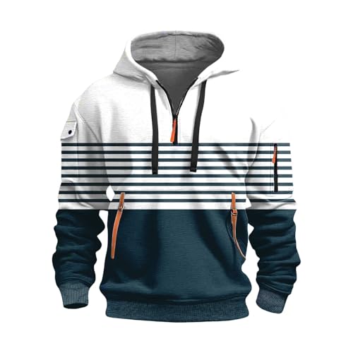 Men's 1/4 Zip Hoodies Color Block Fall Shirt Long Sleeve Striped Pullover Hooded Sweatshirts Fashion Tops with Pocket3