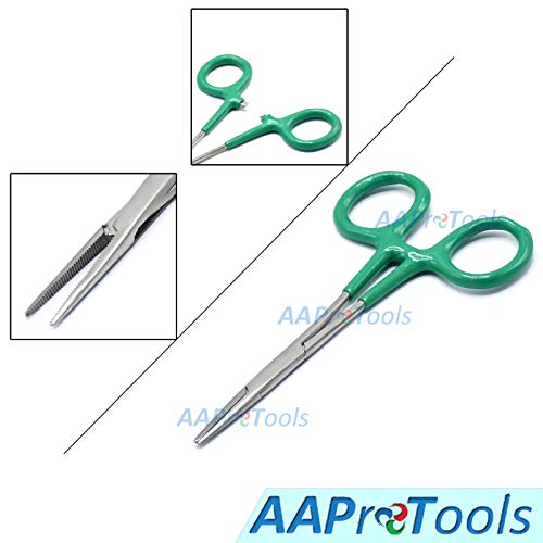 AAProTools Stainless Steel Hemostat Straight with Green Rubber Grips Two Handles Locking Forceps, 5