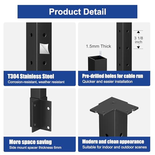 Image of BLIKA 36 inch Side Mount Outside Corner Post, Stainless Steel, 3-Side Drilled Fascia Mount Post for Cable Railing Kit, Black Powder Coated Side Mount Outer Corner Post