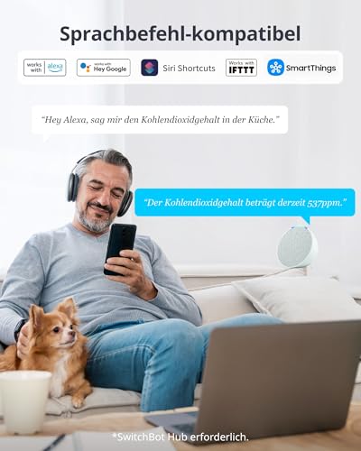SwitchBot WLAN CO2-Melder, CO2 Messgerät mit IP65 Thermometer Hygrometer, Luftqualität Messgerät mit CO2-Alarm, Bluetooth CO2 Sensor mit APP, 2 Jahre Datenspeicher