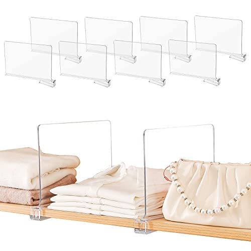 Sclvdi 8 separadores de estantes acrílicos, organizadores de estantes para ropa, bolsos, libros en despensa, dormitorio y cocina, separador de armario transparente ajustable para estantes de madera