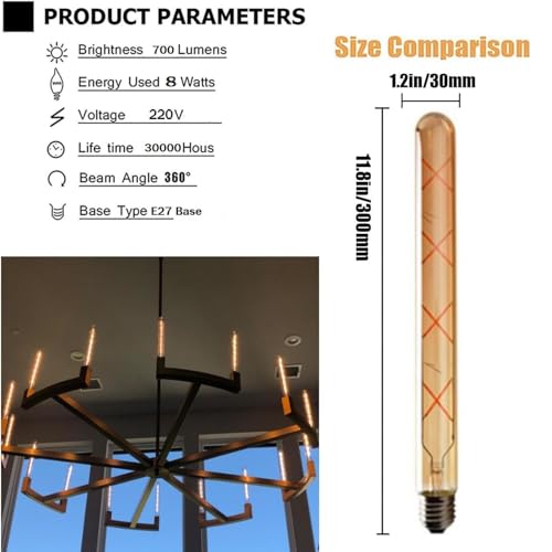 Image of OML T30 300mm 8W LED Filament Bulb - Amber Glass, Warm White 2700K, E27 Base, Vintage Edison Bulb for Wall Sconces, Chandeliers, and Decorative Fixtures