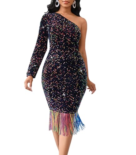 Image of dasmzper Women Sexy Sequin One Shoulder Long Sleeve Tassel Hem Bodycon Midi Dress Party Cocktail Dress