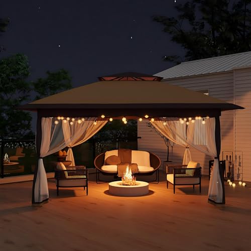 Garvee 13x13FT Pop Up Gazebo with Mosquito Netting, Outdoor Canopy Tent Easy Setup for Backyard Patio Garden Deck, Khaki & Coffee