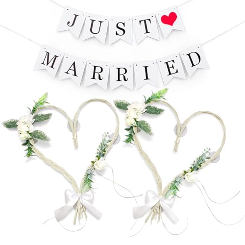 Dumeher Lot de 2 cœurs en rotin pour décoration de voiture de mariage - Avec tiges artificielles, fleurs et nœud en soie blanche - Dimensions : 50 x 40 cm - Avec...