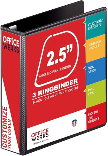 2.5 Inch 3 Ring Binder D-Ring Heavy Duty Holds 500 Sheets 8.5 x 11 Clear View Cover with Pockets PVC-Free Presentation Folder for Office and School Black - Ring Binder Depot