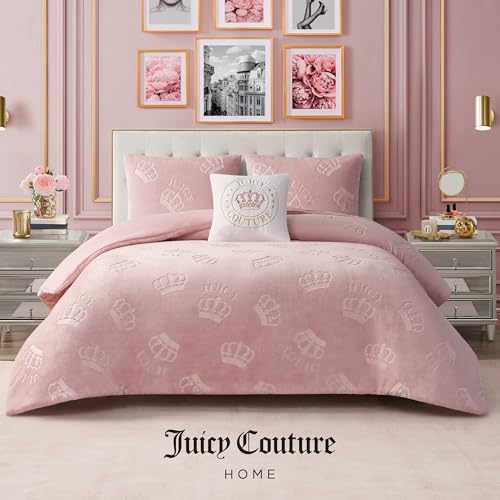 Image of Juicy Couture Plush Reversible Embossed Crown 4-Piece King Comforter Set with Decorative Pillow, Light Pink
