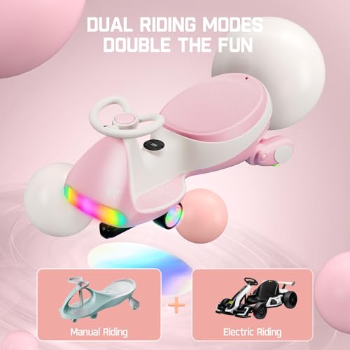 FanttikRide 12V N7 Ultra Electric Wiggle Car with Pedal, Kids Car, MagicMute Motor Swing Car, 2 Speeds, 9 Color Modes, Digital Display, Bluetooth, for Ages 3 and Up, 150 Lbs, Pinkish White