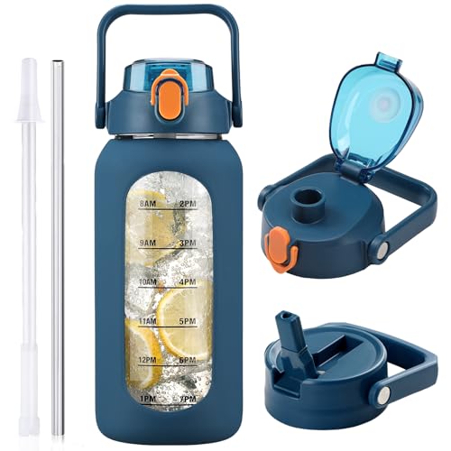 HYDRAGLAZIC 2L Glaswasserflasche mit 2 Deckeln Umdrehen und tuckern Deckel 2 Liter Groß Wasserkrug mit Zeitmarkierung und Silikonhülle BPA-frei Auslaufsicher für Sport Gym, Dunkelblau