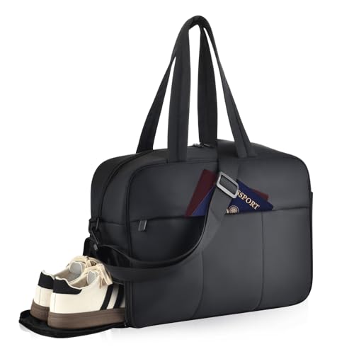 Felipe Varela Puffer Travel Duffle Bag, Gym Bag for Women with Shoe Compartment, Lightweight Tote Weekender Overnight Carry on Duffel Bags for Travel, Airplanes (Black,19L)