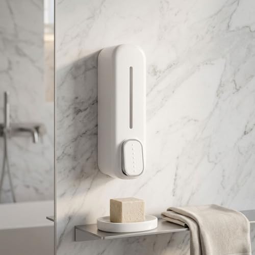 Image of Soap Dispenser 400ml No-Drill Adhesive Wall-Mounted Dispenser, Durable ABS Plastic, White Dolphin Design Dispenser for Kitchen, Hand Wash, Shower Gel & Sanitizer