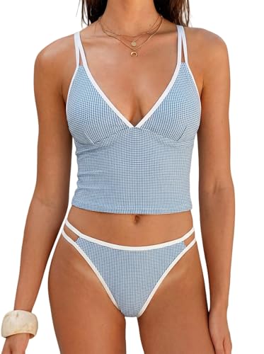 Image of ZAFUL Tankini Swimsuits for Women V Neck Dual Straps Cropped Bikini Swimsuit High Cut 2 Pieces Bathing Suit