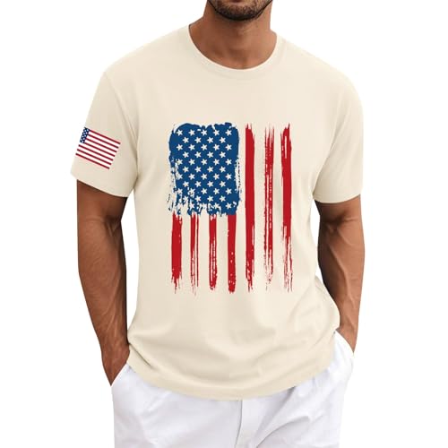 2025 4th of July Independence Day T-Shirt Stars and Stripes Herren T-Shirt USA Flagge Banner Streetwear Baumwolle Print Tops Shirt Männer Sportshirts Geschenk Damen & Herren, beige, S