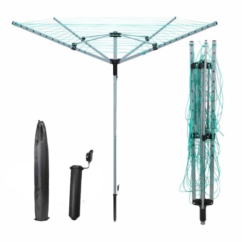 4 Arm 60M Rotary Washing Line for Outdoor Garden, Portable Folding Washing Line Rotating Clothes Airer Dryer with Ground Spike & Cover, Green