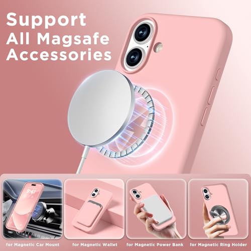 Image of Magnetic for iPhone 16 Case, Compatible with Magsafe, Suction Cup Phone Mount, [2 Screen Protectors][Camera Lens Protector] Silicone Shockproof Protective Slim Phone Cover 6.1 inch, Peach Pink