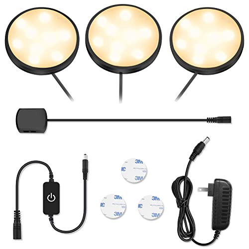 YGS-Tech LED Puck Lights, Under Cabinet Lighting Black Trim, 3000K Warm White, CRI90+, Touch Dimming, All Accessories Included, Under Counter Lighting for Kitchen, Closet Lights, Safe Light, 3-Pack