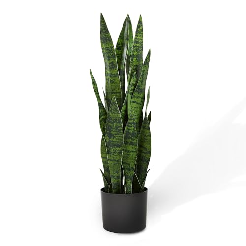 KOL 25.6 Artificial Snake Plant Sansevieria Indoor 32 Leaves Lifelike Faux Plants Home Garden Decoration Mother in Law Tongue 2ft Fake Potted Houseplant Green