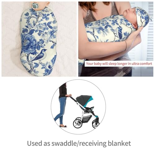 Image of Chinoiserie Blue Floral Birds Swaddle Blanket with Beanie Hat Set Newborn Swaddle Wrap Soft Baby Receiving Blankets Baby Swaddle Blanket for Baby Boys and Girls