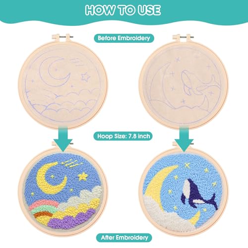Image of Zuaooz 3 Sets Punch Needle Kits,Whale Rainbow River Punch Embroidery Kits for Adults Beginner, Tool with Punch Needle Fabric, Hoops, Yarns and Sewing Needles