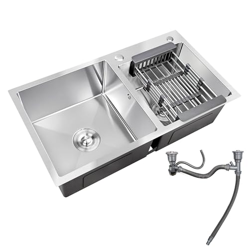 Evier Cuisine 2 Bac 75x41cm, Evier Inox Grand Bac avec Filtre de Vidange Rapide, Lavabo Cuisine avec Panier d'Égouttage Rétractable, Argent