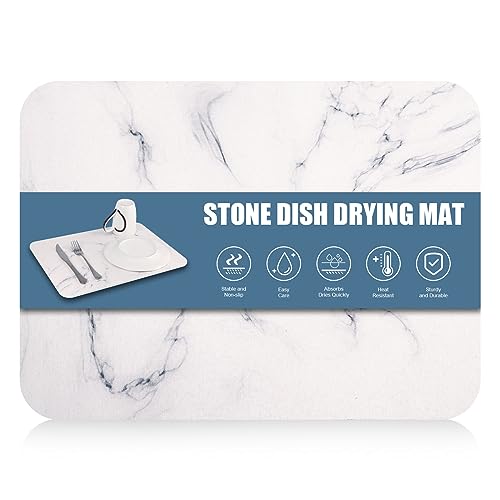 Needbrock Stone Dish Drying Mat For Kitchen Counter, Fast Dry Diatomaceous Earth Dish Drying Mat Non-Slip Heat Resistant Stone Drying Mat for Dishes Baby Bottles (16x12 inch), White Marble