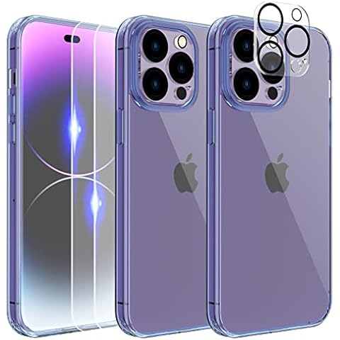 [5 in 1] Crystal Clear for iPhone 14 Pro Max Case [Not Yellowing],with 2 Tempered Glass Screen Protectors + 2 Camera Lens Protectors [Military Grade Protection] Slim for iPhone 14 Pro Max-Blue Cover
