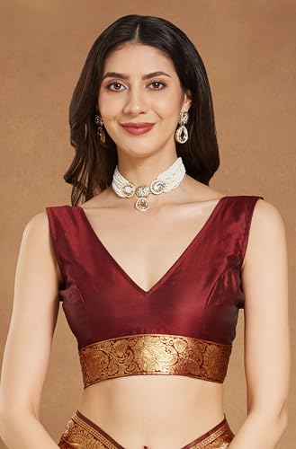 Image of Janasya Women's Maroon Silk Blend Ethnic Motifs Woven Design Jacquard Saree with Blouse Piece