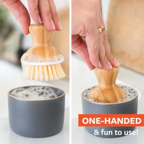 Image of Full Circle Bubble Up- Eco-Friendly Bamboo Dish Brush & Ceramic Soap Dispenser - Natural Scrub Set for Dishes, Cast Iron - Kitchen Cleaning with Handle, Gray - 2 Pack