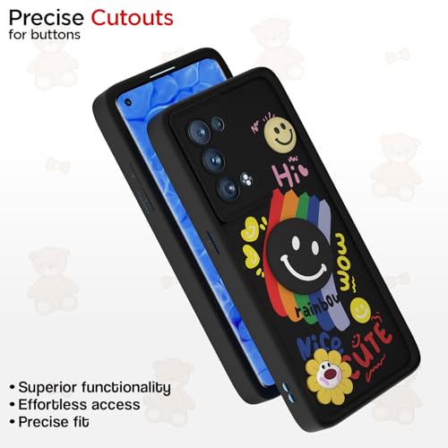 Image of Pikkme Back Cover for Oppo Reno 6 Pro Plus 5G | Soft Silicone| Cute Rainbow Smile & 3D Cartoon Flower Design | Shockproof Raised Camera Protection Bumper Case (Black)