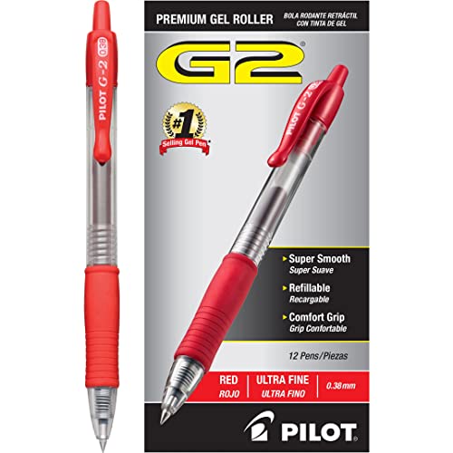 Image of Pilot G2 Retractable Premium Gel Ink Roller Ball Pens, Ultra Fine Point, Red Ink, Dozen Box (31279)