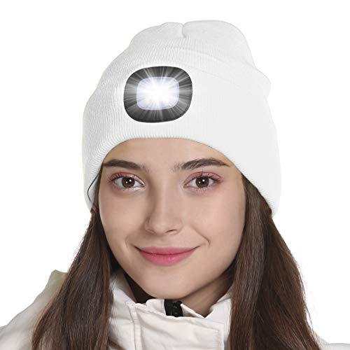 Tutuko Unisex LED Beanie with Light, USB Rechargeable Headlamp Knitted Winter Cap Gifts for Men Women Dad White