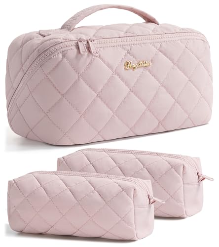 Image of Travel Makeup Bag, Large Capacity Puffy Toiletry & Cosmetic Bag for Women | 3 PCS Open Flat Quilted Makeup Cosmetic Organizer, Waterproof w /Clear Divider Portable Pouch for Skincare Travel Essentials