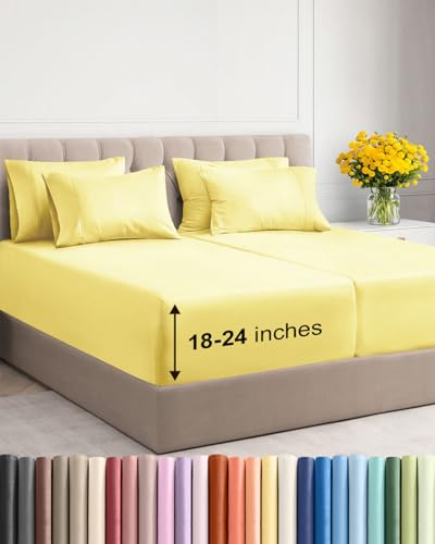 Image of Extra Deep Split King Sheet Set - 7 Piece Breathable & Cooling - Yellow | Hotel Luxury Bed Sheets Set, Easy & Secure Fit, Ultra-Soft, Wrinkle & Fade Free, Comfy Sheets Set with Extra Deep Pockets