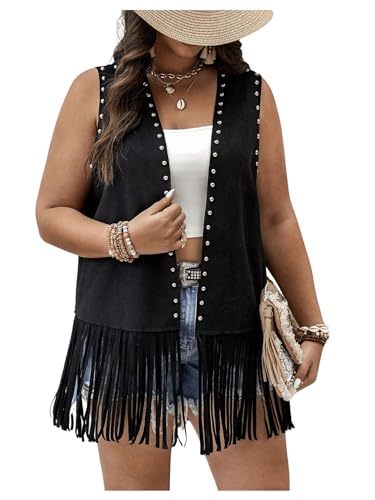 Verdusa Women's Plus Size Fringe Vest Faux Suede Rivets Sleeveless Tassel Jacket Western Cowgirl Outfits4