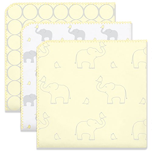 SwaddleDesigns Ultimate Winter Swaddles, Set of 3, X-Large Receiving Blankets, Made in USA Premium Cotton Flannel, Mod Circles and Elephants, Sunwashed Yellow (Mom's Choice Award Winner)