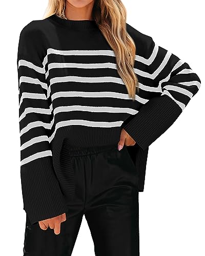 Image of KIRUNDO Women's Striped Knit Oversized Fall Sweaters 2026 Trendy Clothes Crewneck Winter Pullover Sweater Side Split