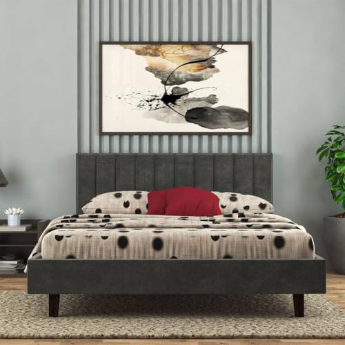 Image of Wooden Modern Upholstered King Size Bed for Bedroom | Wooden Double Bed Without Storage | Platform Cot Upholstered Bed with Upholstery Fabric | Engineered Wood | 6.5 x 6 Ft | Dark Grey-A