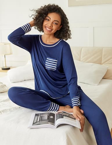 Image of Ekouaer 2 Pack Womens Pajama Sets Long Sleeve Lounge Sets Soft Pj Sleepwear Loungewear