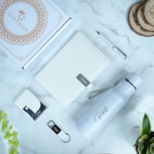 Giftana Personalized Notebook Diary with Pen, Keychain, Water Bottle 750ml and Card holder Gift Set for Men and Women, 5 in 1 Customized Gifts for Father, Corporate Gifts for Employee (White)