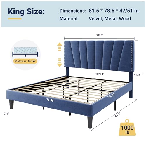 Image of Allewie King Size Velvet Platform Bed Frame with Adjustable Headboard, Blue | Height-Adjustable Velvet Headboard, Rivet-Style Nailhead Trim, Wooden Slat Support, No Box Spring Needed, Easy Assembly