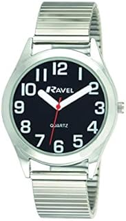 Ravel - Damen-Uhr mit superflachem Sichthilfe-Edelstahl-Expanderarmband mit großen Zahlen und Zeigern - silbernes Ton/schwarzen Zifferblatt