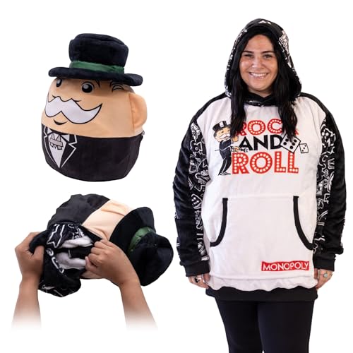 Monopoly Plushible Wearable Blanket Hoodie, Hasbro Rock & Roll, 2-in-1 Oversized Hoodie Blanket Pillow, Long Sleeve Sweatshirt Pocket, Cozy Valentine Gift for Men & Women